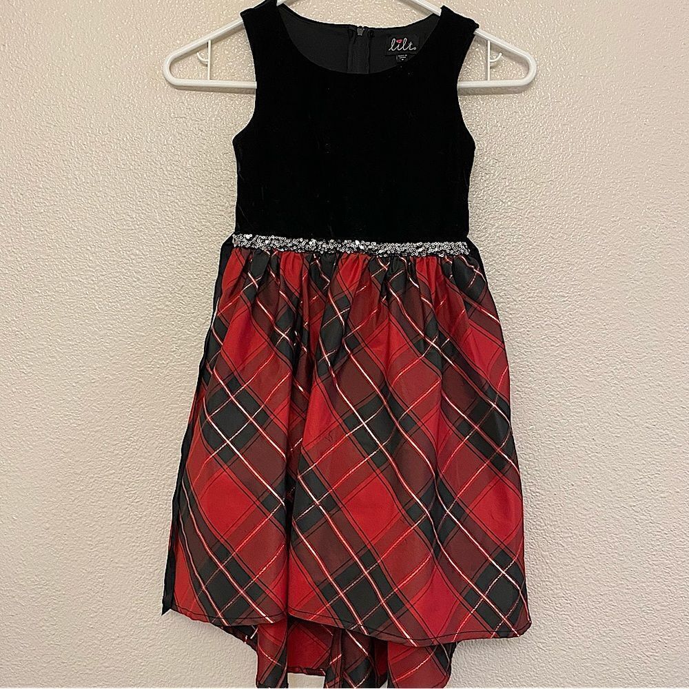 Lilt formal girls holiday dress black velvet red plaid hi low sequin - size 6